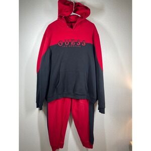 GUESS Los Angeles Men's XL Red Black Colorblock Hoodie Sweatpants Set Tracksuit